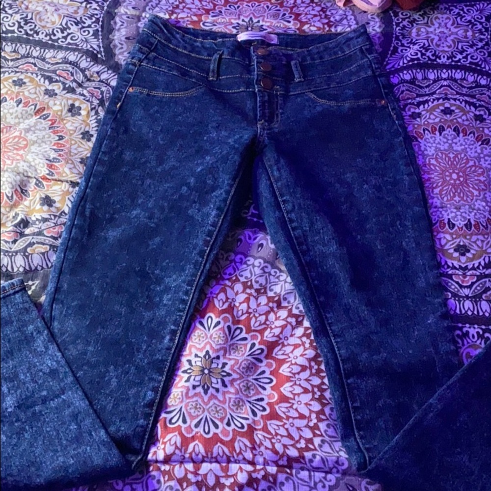 Navy blue, three button and zipper jeans